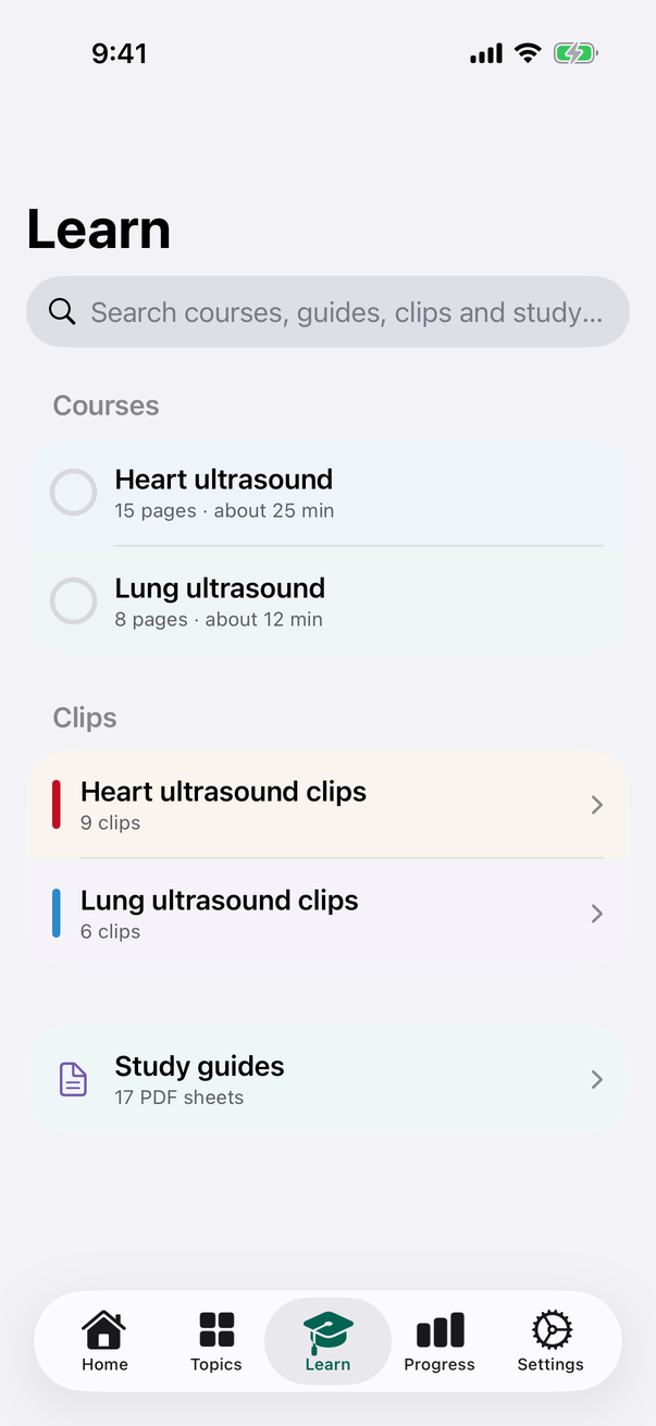 Learn screen: the bedside ultrasound courses, clips and PDF study guides
