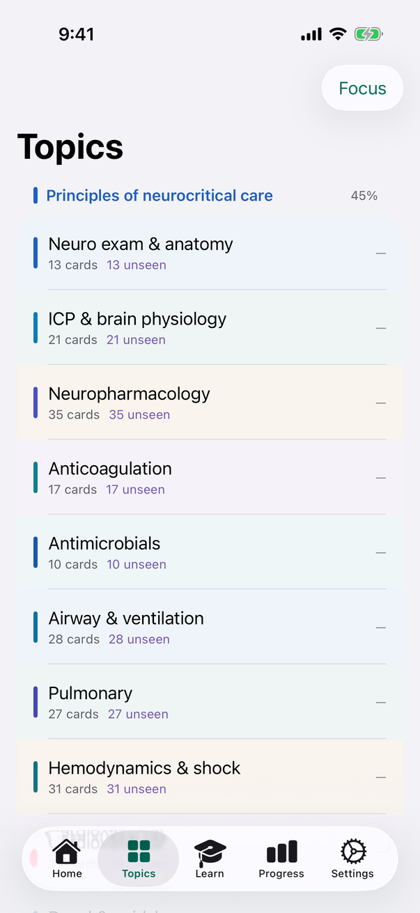 Topics screen: the list of topics grouped by blueprint area, each with its card count